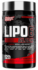 Nutrex Lipo-6 Black Max bottle front highlighting bold branding for potent fat burning.