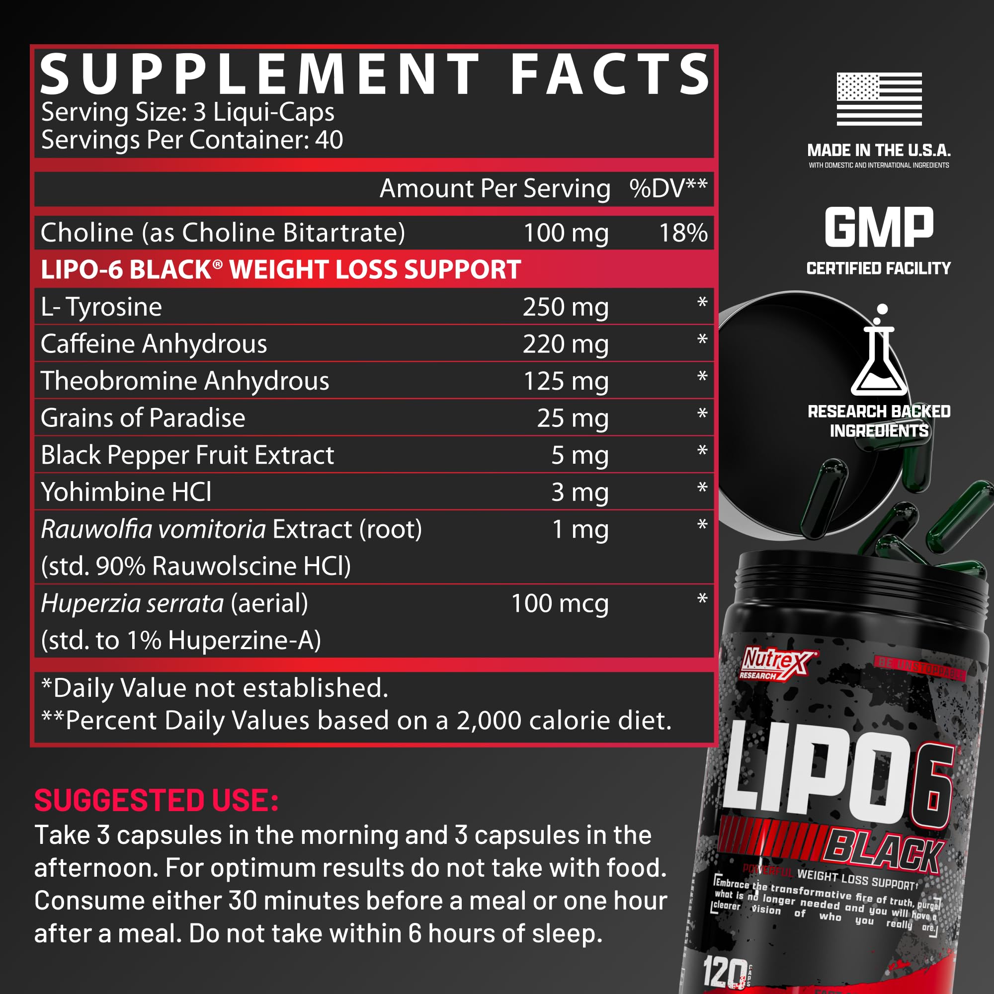 Pouring Nutrex Lipo-6 Black Max capsules for easy daily energy use.