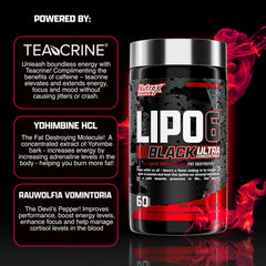 Close-up of Lipo-6 Black Ultra label highlighting caffeine-rich blend for energy and focus.