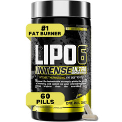 Nutrex Research Lipo6 Black Intense bottle front highlights energy boosting benefits.