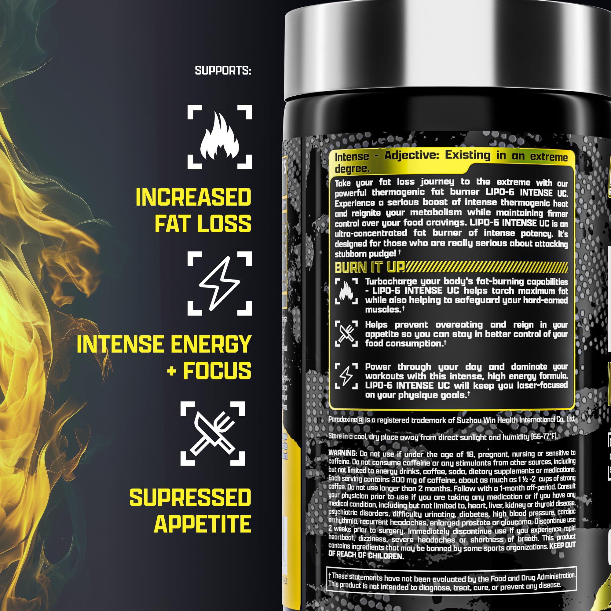 Nutrex Lipo6 Black Intense bottle label emphasizes clinically inspired ingredients.