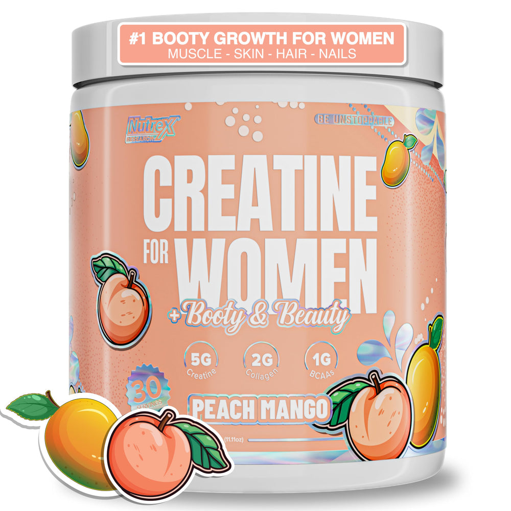 Nutrex Research Peach Mango creatine tub highlighting flavor and strength support.