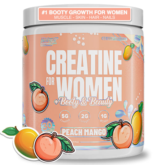 Nutrex Research Peach Mango creatine tub highlighting flavor and strength support.