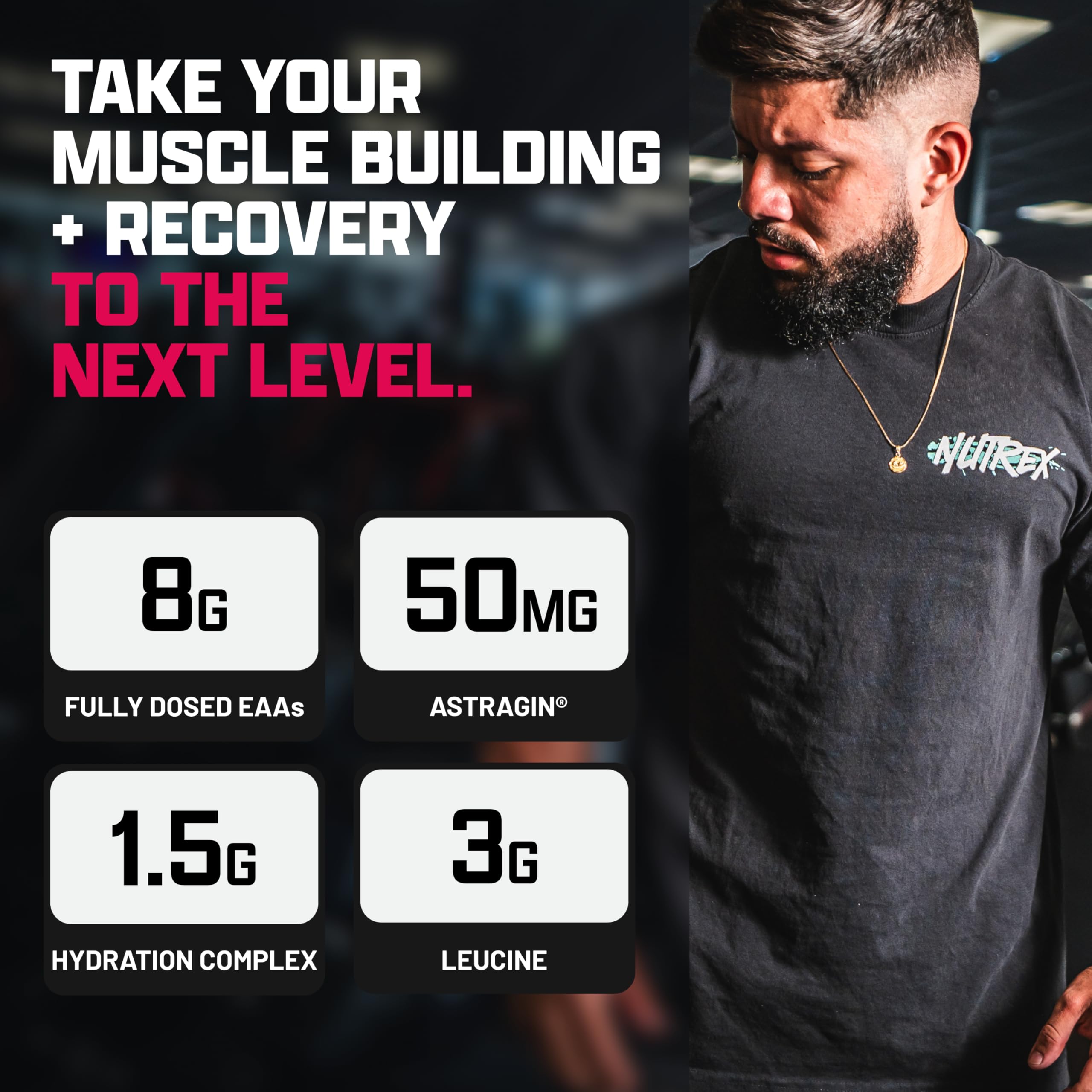 Close-up of Nutrex EAA Hydration label highlighting full spectrum EAAs.