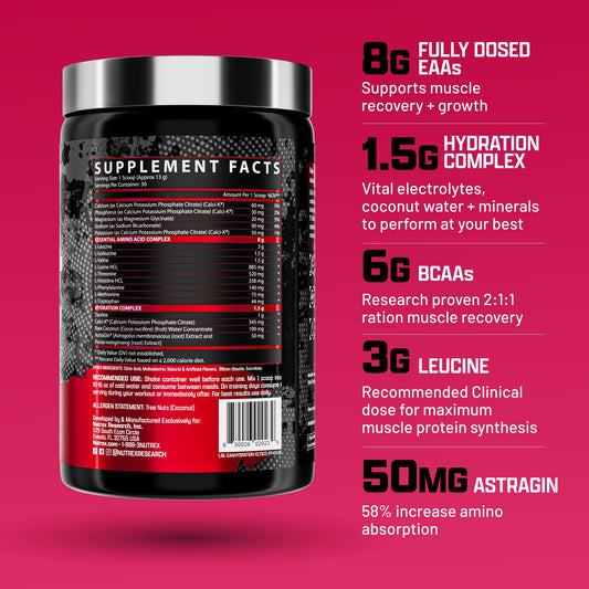 Nutrex Research EAA Hydration fruit punch scoop included for precise amino acid dosing.