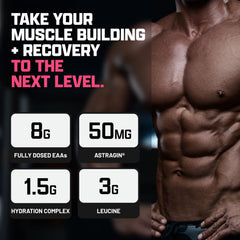 Close-up of Nutrex EAA Hydration ingredients panel shows AstraGin and mineral blend for enhanced uptake.