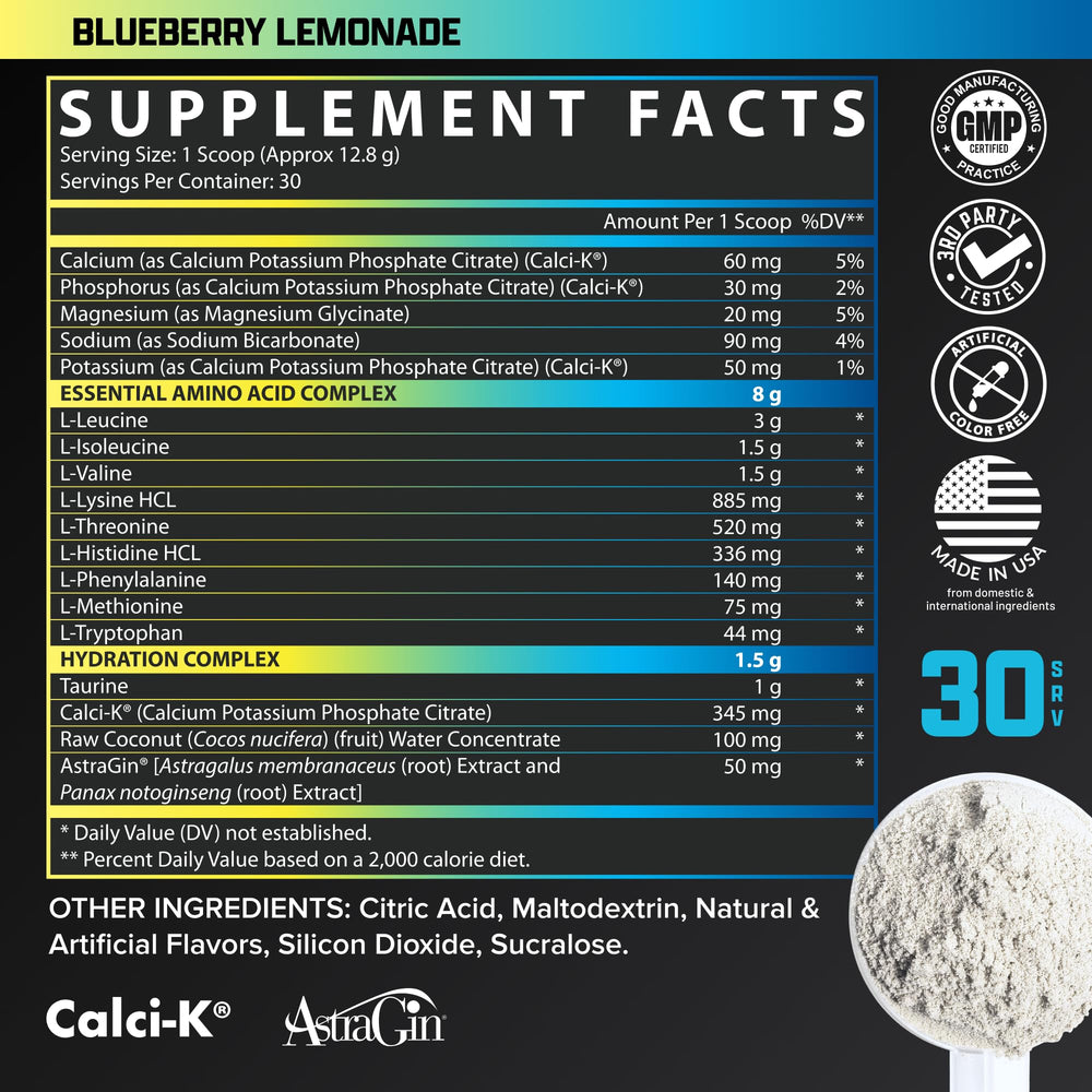 Close-up of Nutrex EAA Hydration label highlighting flavor and ingredients