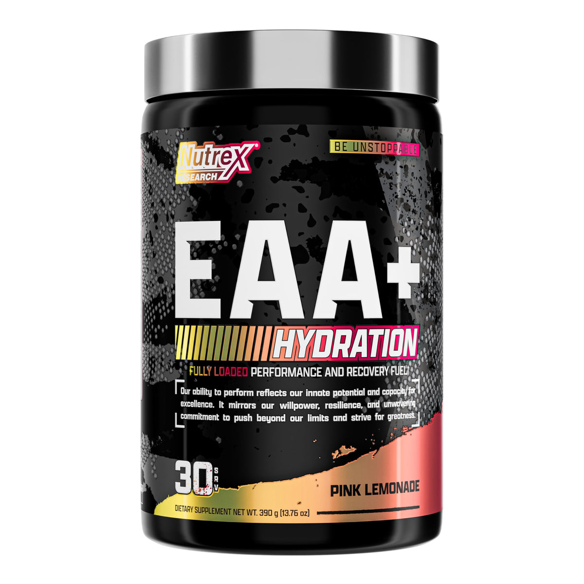 Nutrex Research EAA Hydration pink lemonade bottle shows complete EAA and BCAA formula for recovery.