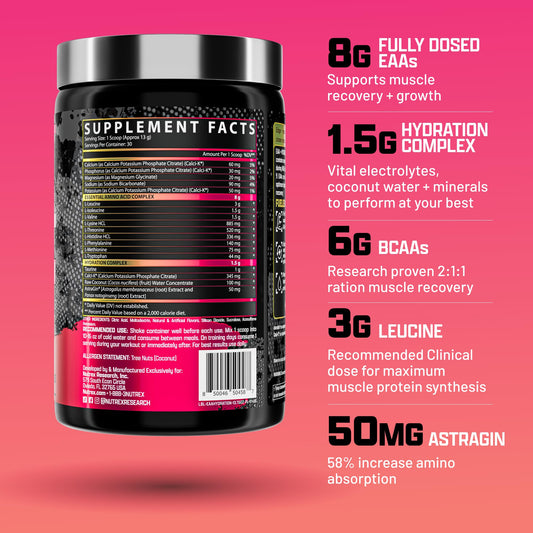 Glass of Nutrex Research EAA Hydration pink lemonade for refreshing intra-workout hydration.