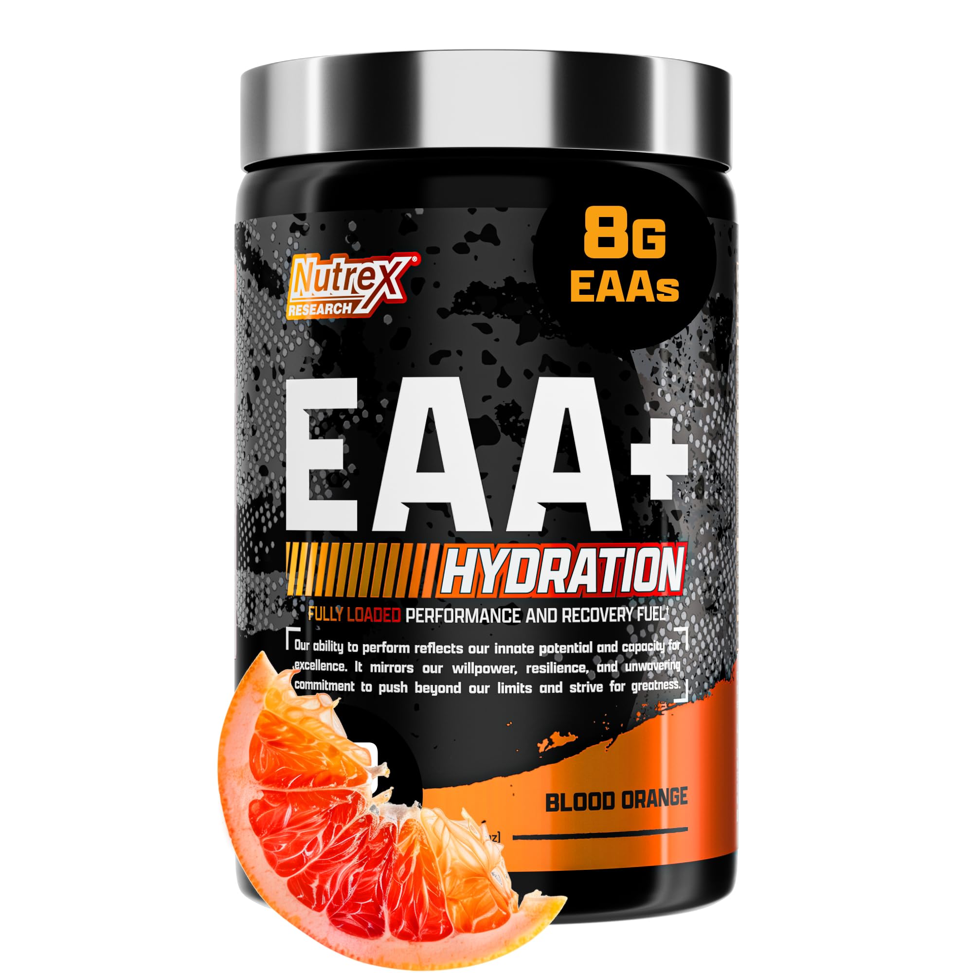 Nutrex Research EAA Hydration powder container displaying full amino acid blend for recovery