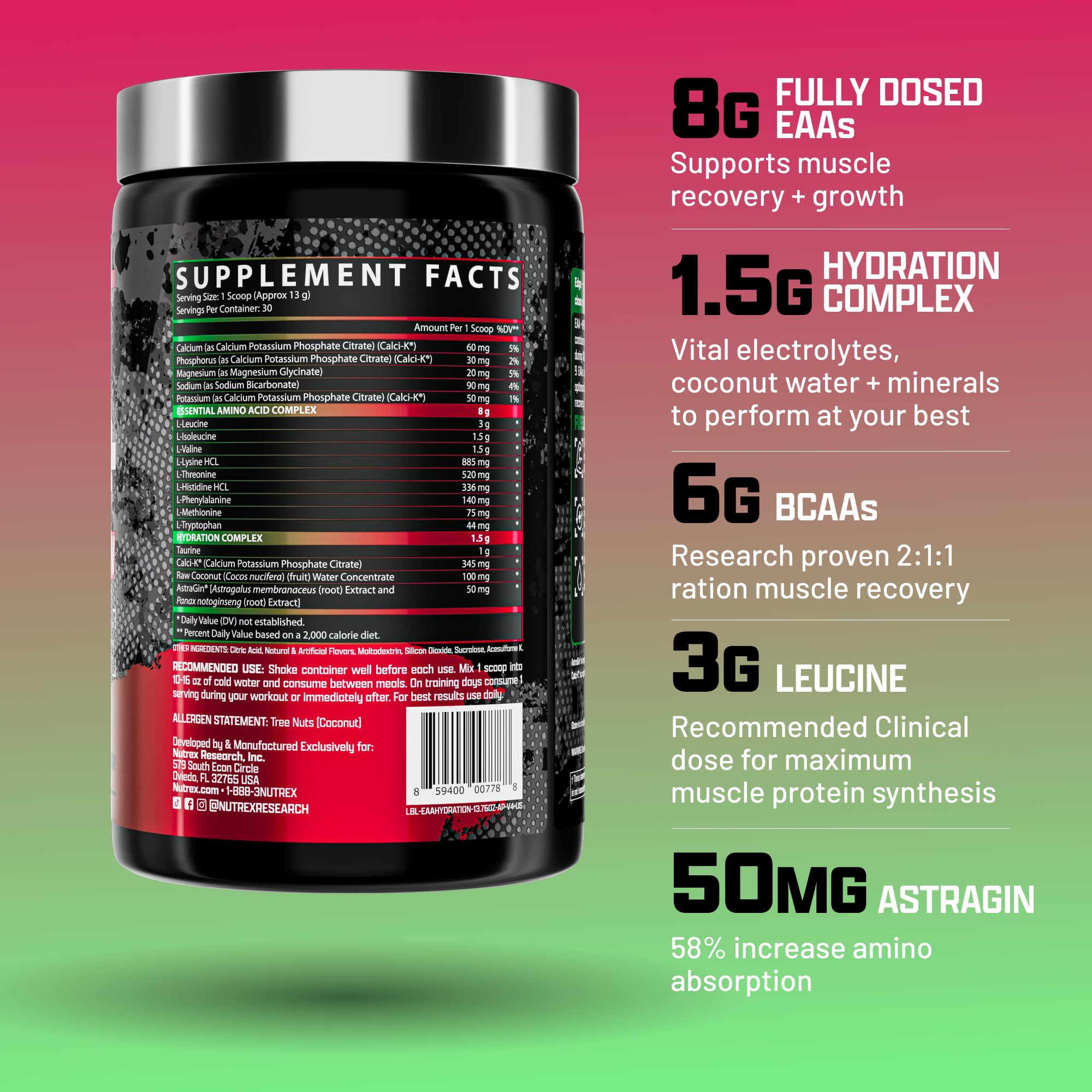 Nutrex Research EAA Hydration powder dissolves easily in water for fast hydration.