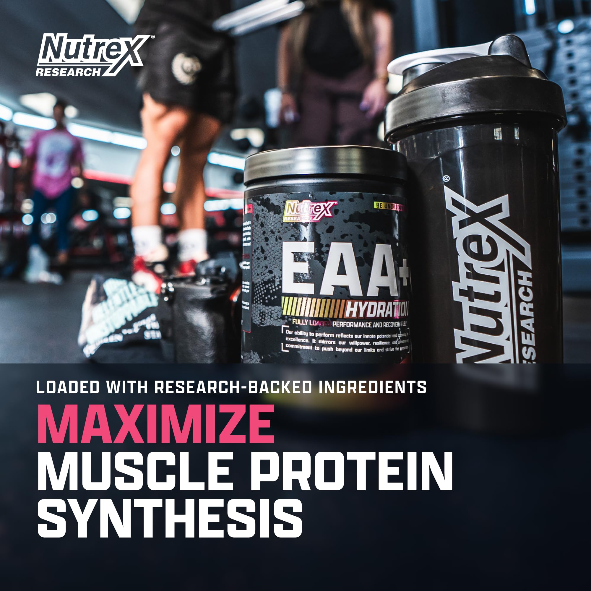 Powder scoop beside Nutrex EAA Hydration tub reveals amino acids and electrolytes for workout support.