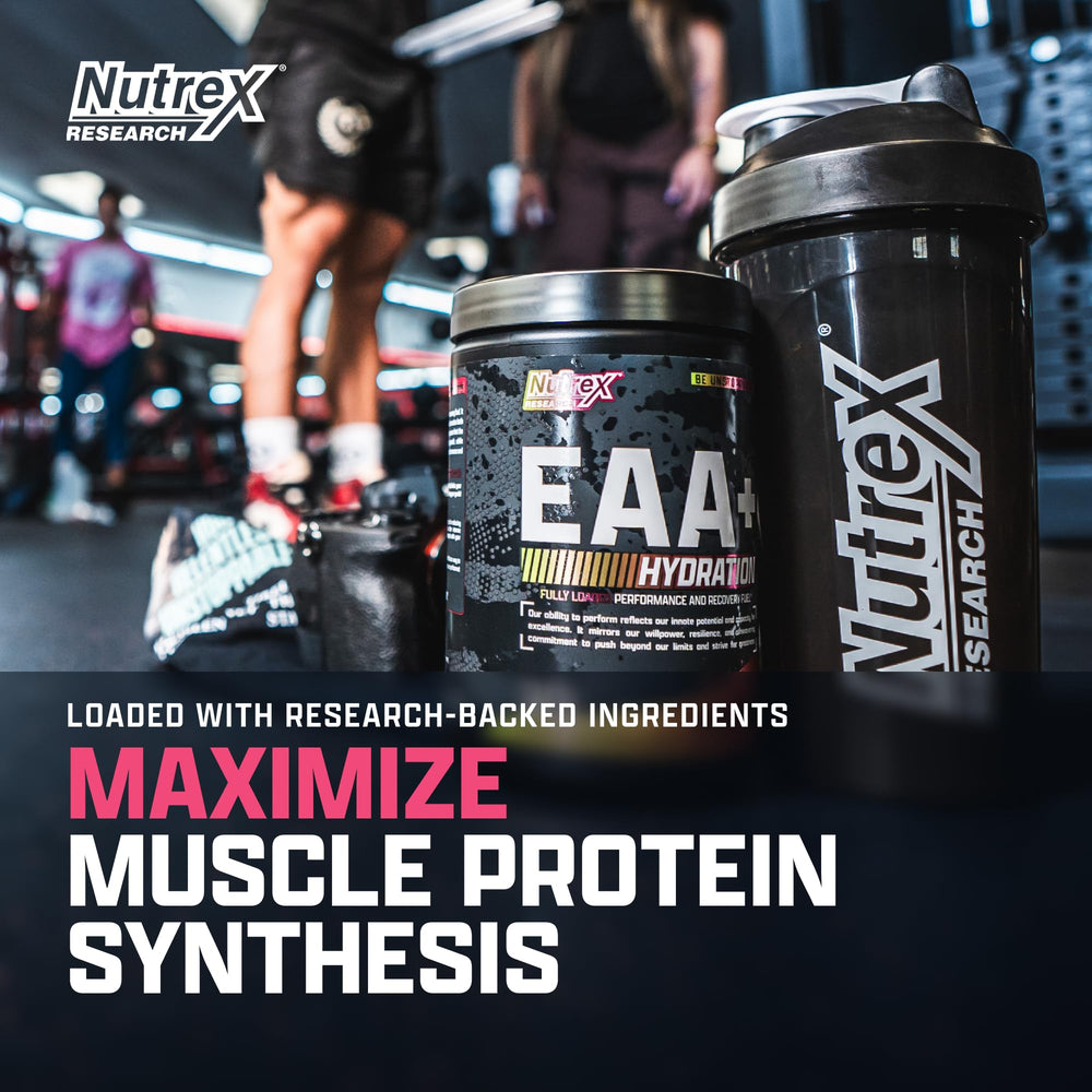 Powder scoop beside Nutrex EAA Hydration tub reveals amino acids and electrolytes for workout support.