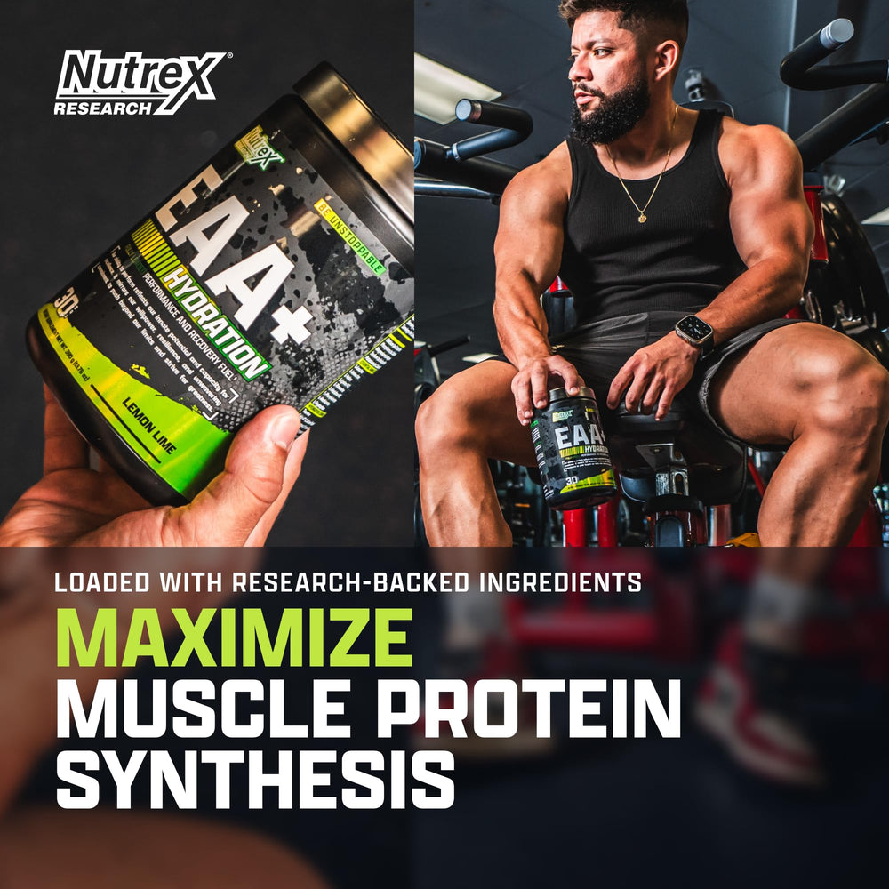 Nutrex Research EAA Hydration scoop closeup highlighting precise BCAA ratio.