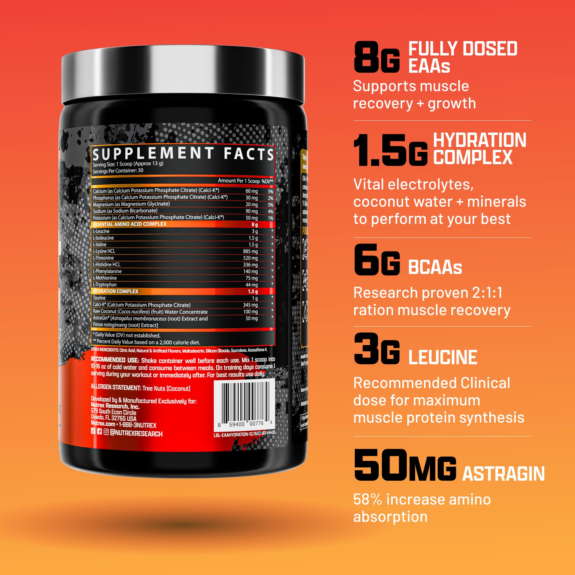 Nutrex Research EAA Hydration scoop-dispense highlights precise serving for recovery and endurance