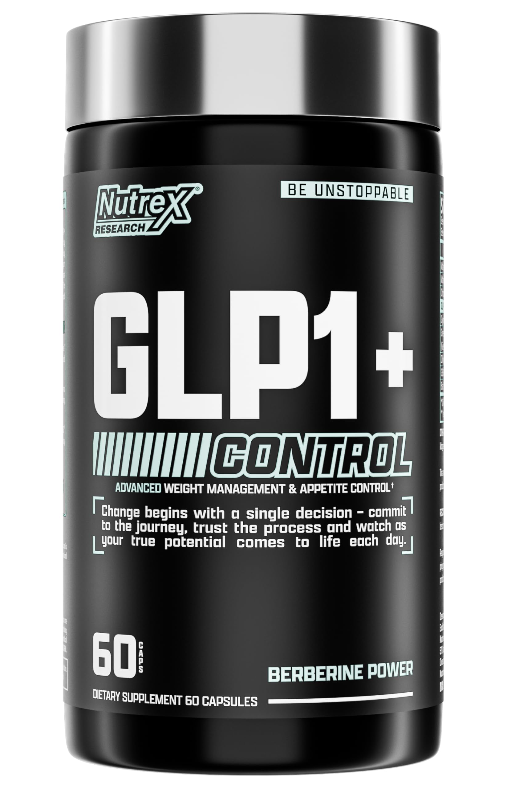 Nutrex Research GLP-1 bottle with cap closed for convenient, stimulant-free appetite support.