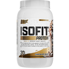 Nutrex Research IsoFit chocolate whey 2lb bottle pour demonstrates quick recovery aid.