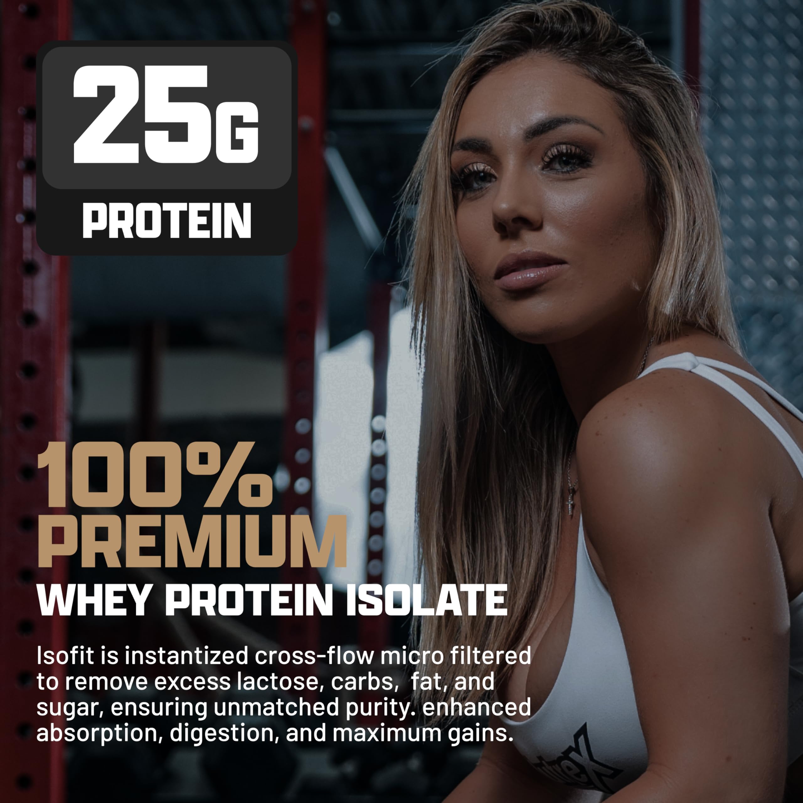 IsoFit chocolate whey label close-up showing 25g protein per scoop.