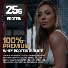 IsoFit chocolate whey label close-up showing 25g protein per scoop.