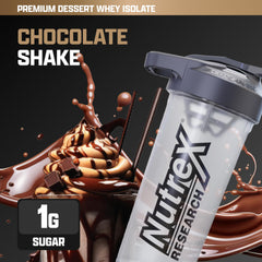 IsoFit chocolate whey scoop close-up highlighting dessert-like flavor with easy digestion.