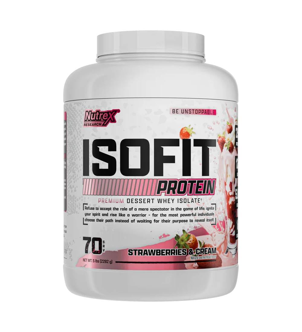 Nutrex IsoFit whey protein bottle highlighting pure whey isolate for quick recovery.