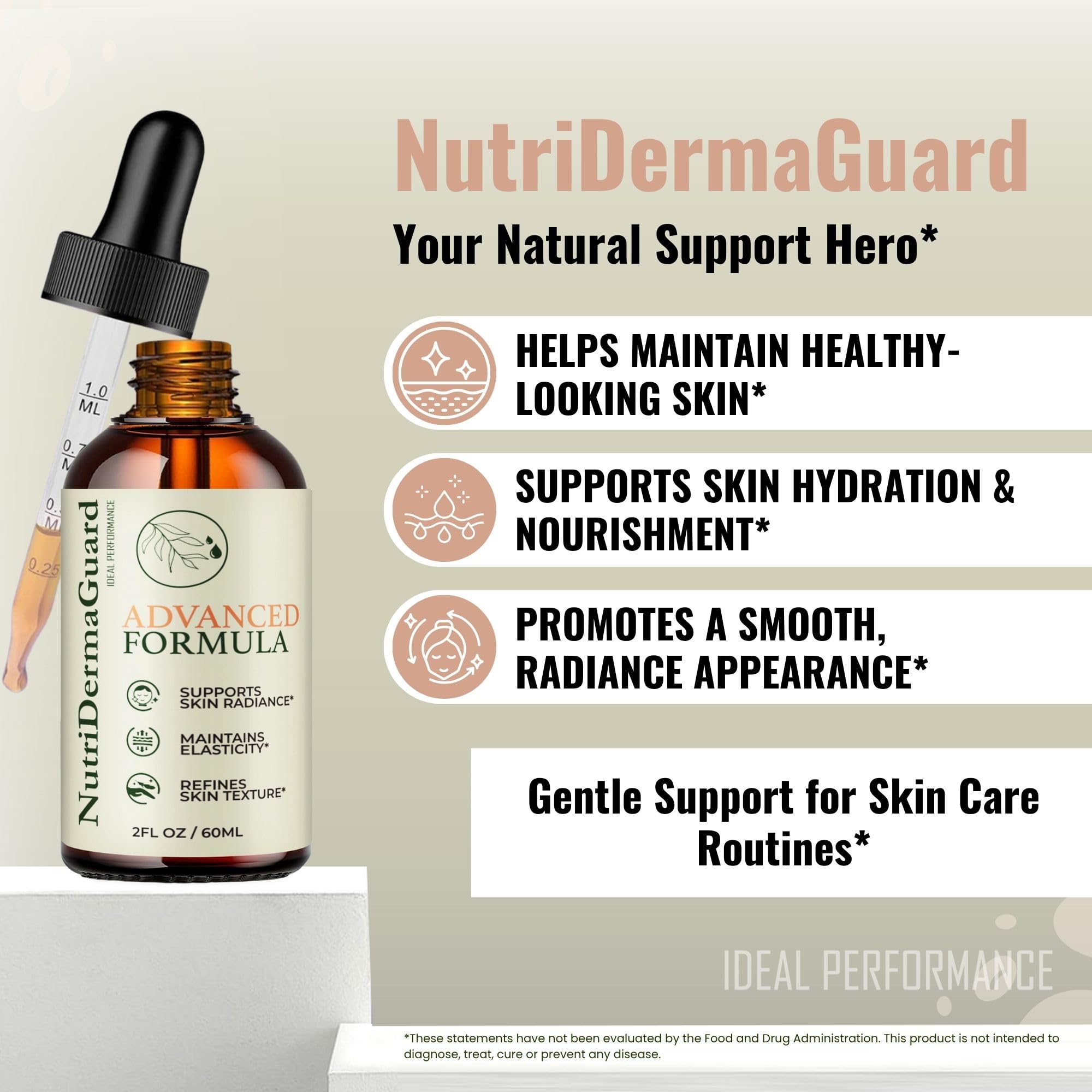 Nutri Derma Guard Drops bottle beside greenery signaling natural formula for skin.
