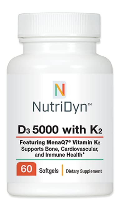Nutri-Dyn D3 5000 with K2 softgels bottle supports bone health and immune function.