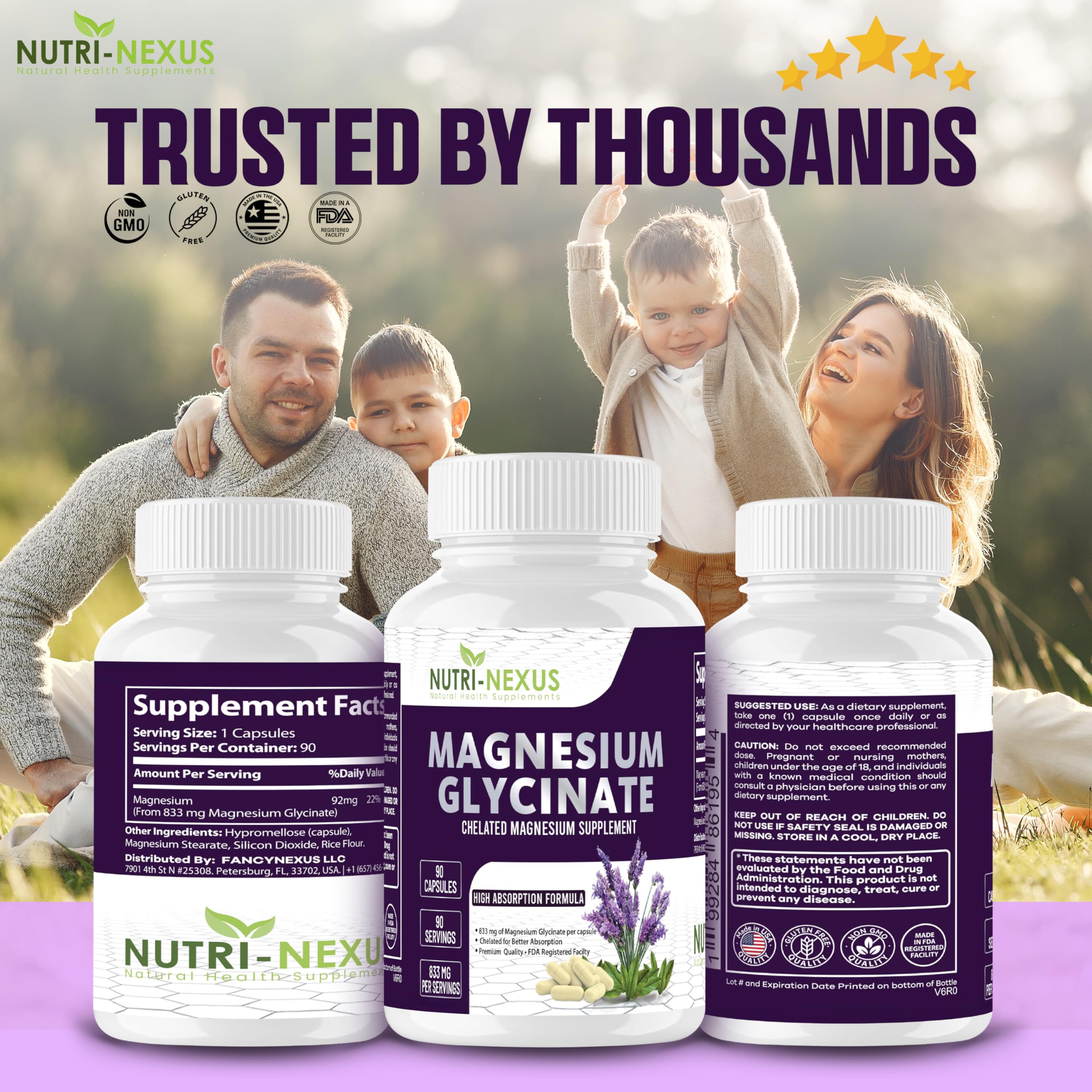 Nutri-Nexus Magnesium Glycinate 833mg bottle beside a calm bedtime scene hints at sleep support.
