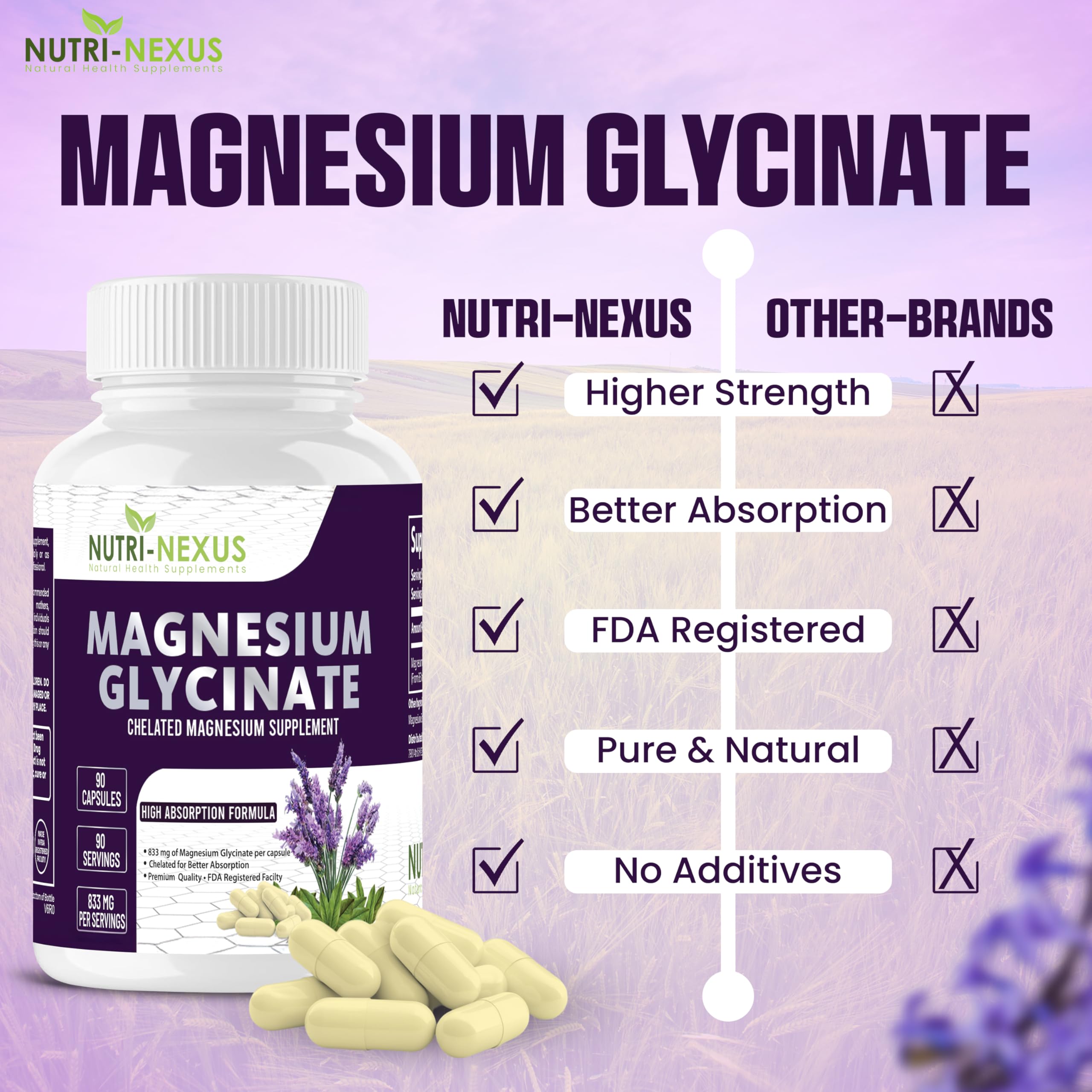 Nutri-Nexus Magnesium Glycinate 833mg bottle on table suggests easy dosing for sleep and muscle support.