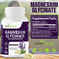 Nutri-Nexus Magnesium Glycinate 833mg capsules closeup shows chelated magnesium for gentle daily use.