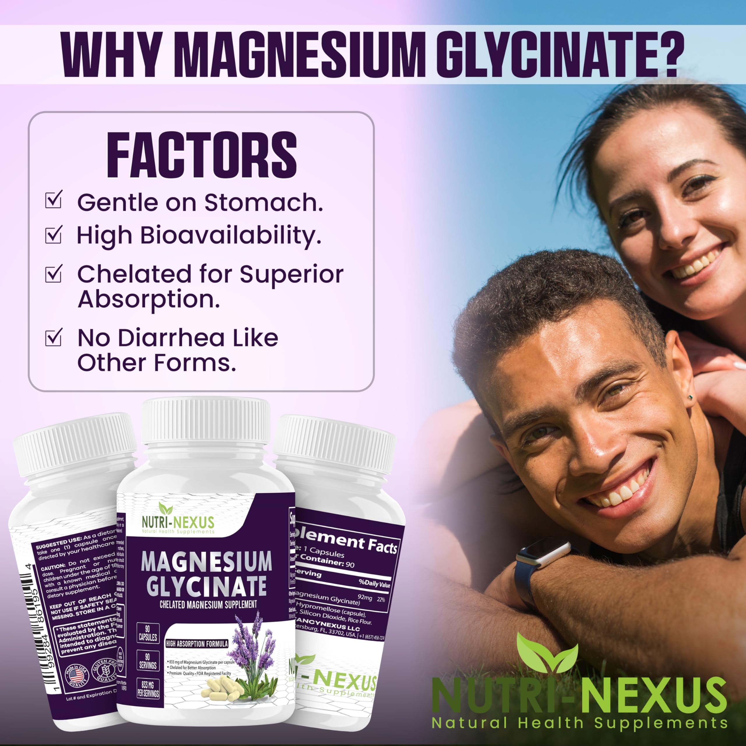 Nutri-Nexus Magnesium Glycinate 833mg gluten-free label emphasizes clean, vegan-friendly daily nutrition.