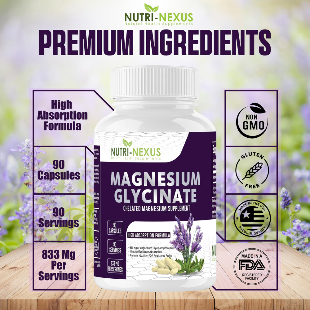 Nutri-Nexus Magnesium Glycinate 833mg made in USA seal highlights trusted, lab-tested ingredients.