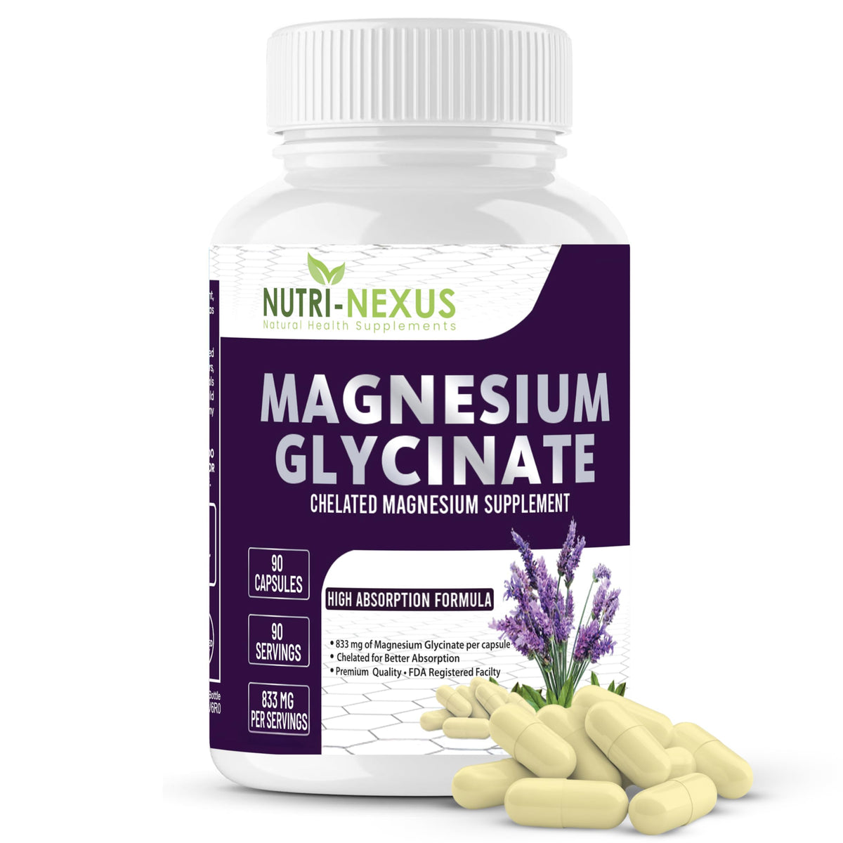 Nutri-Nexus Magnesium Glycinate 833mg packaging front signaling high absorption for daily wellness.