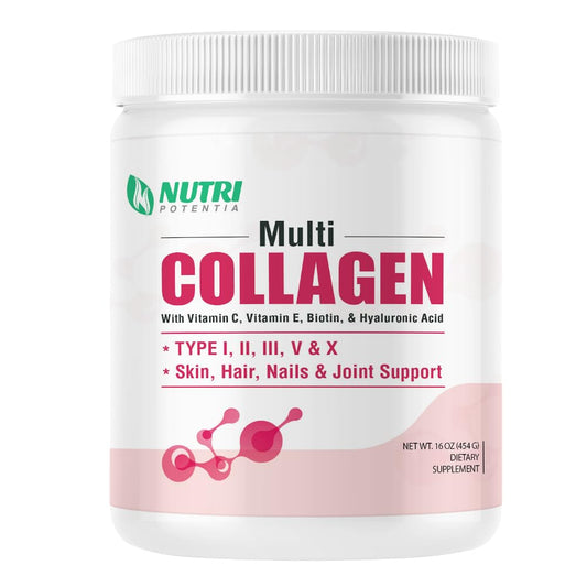 Nutri Potentia multi-collagen powder tub front for daily skin and joint support.