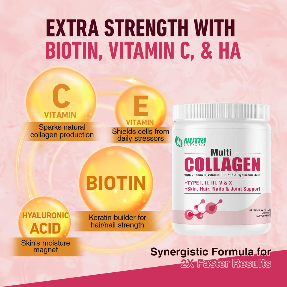 Nutri Potentia vitamin C and E ingredients with hyaluronic acid for collagen care.
