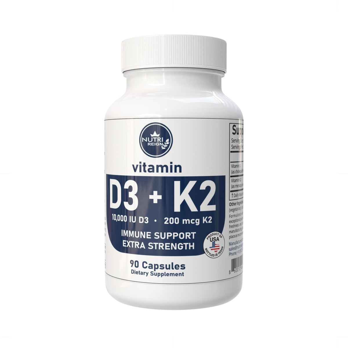 Nutri Reign D3 + K2 bottle with capsules supports calcium balance and bone health.