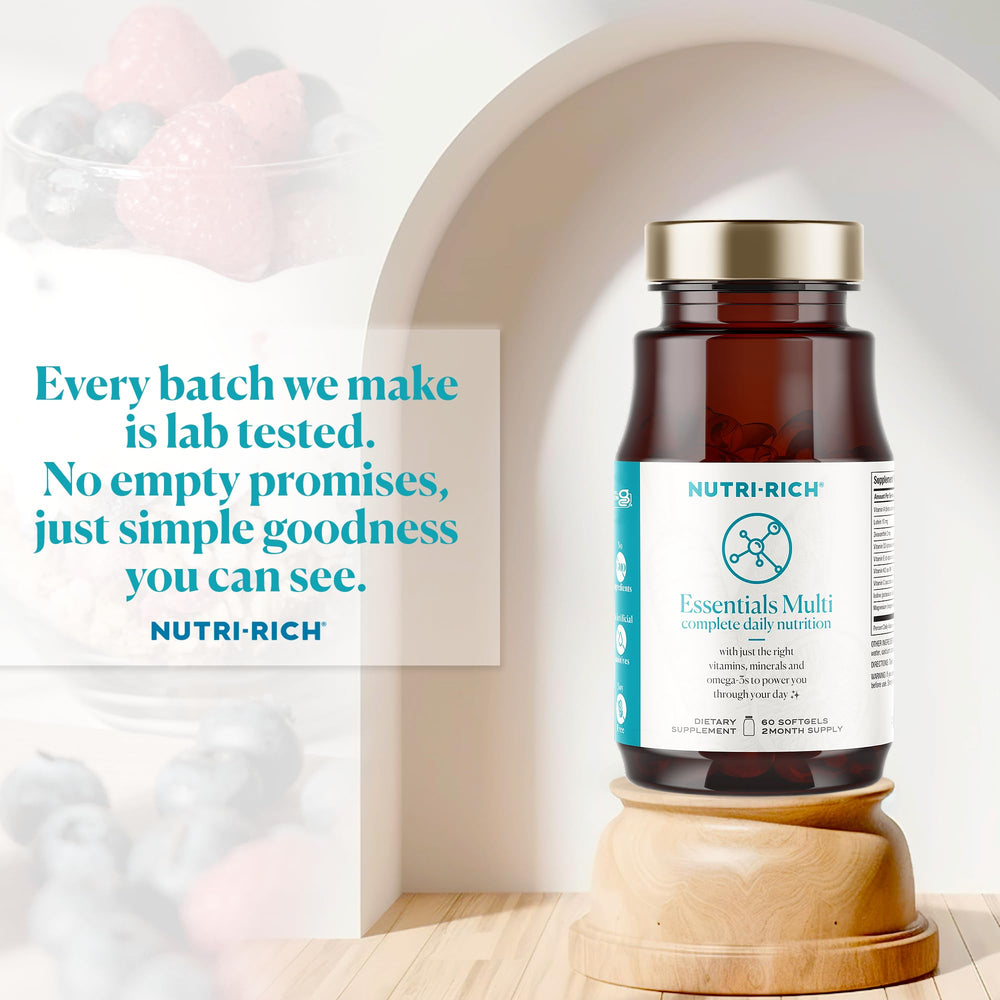 Nutri-Rich Essentials Multi bottle back label with ingredients and certifications