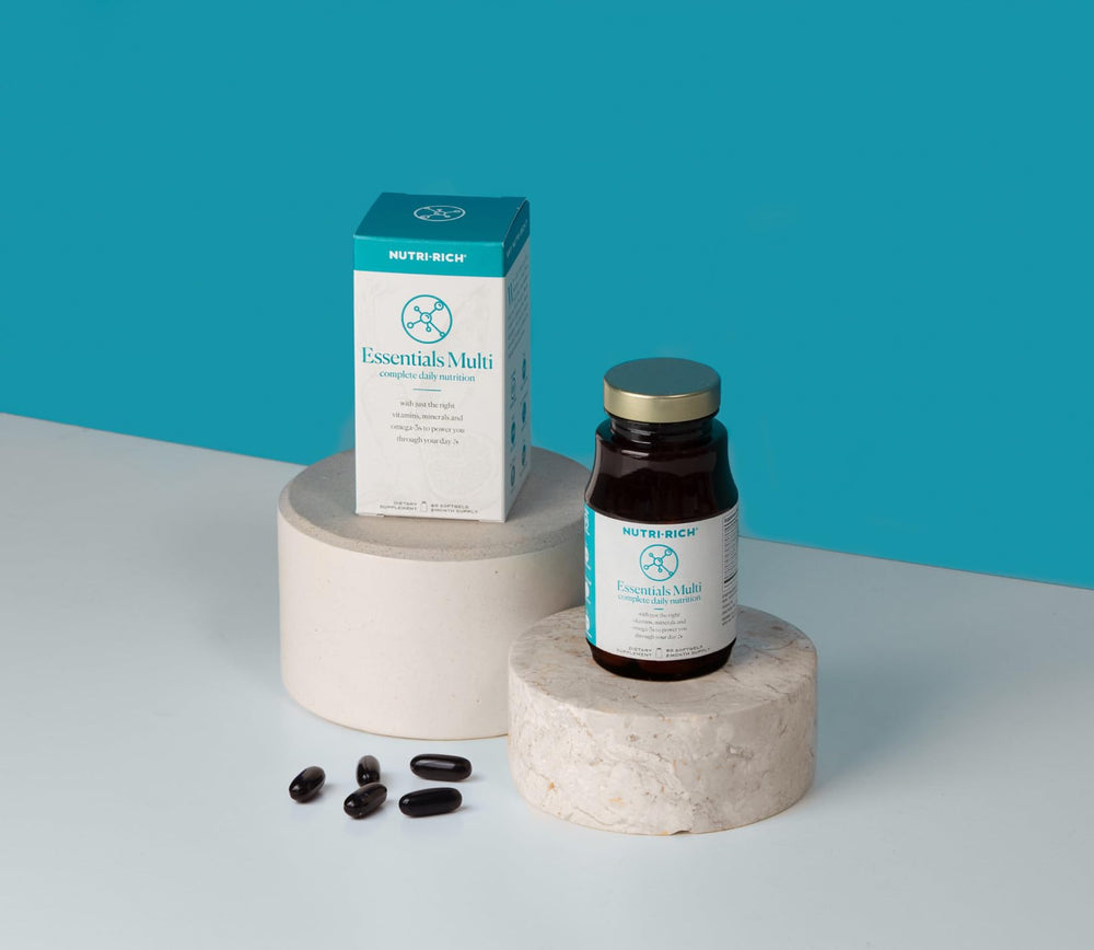 Third-party testing badge on Nutri-Rich Essentials Multi packaging
