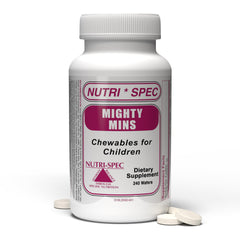 Nutri-Spec Mighty-Mins bottle label showing kid-friendly nutrition for daily growth