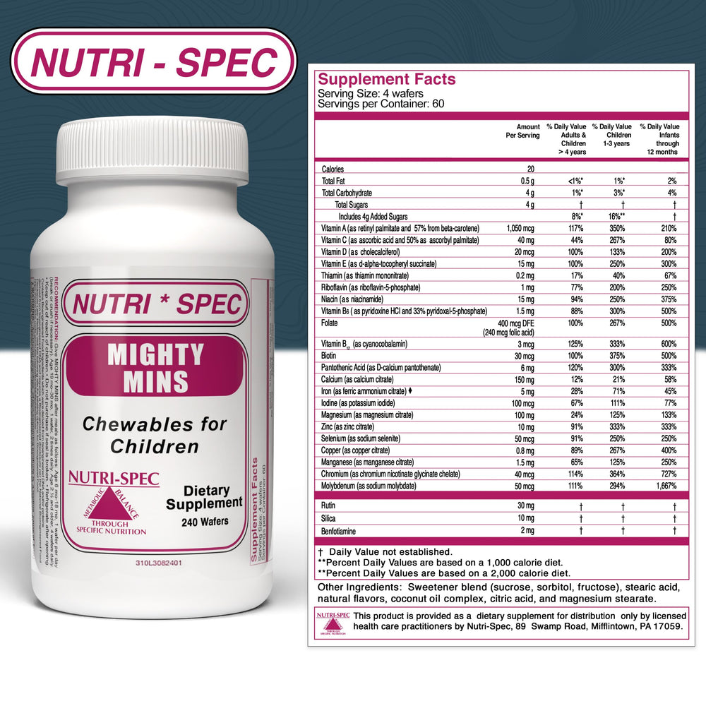 Nutri-Spec Mighty-Mins daily-use scene promoting routine multis for growing kids
