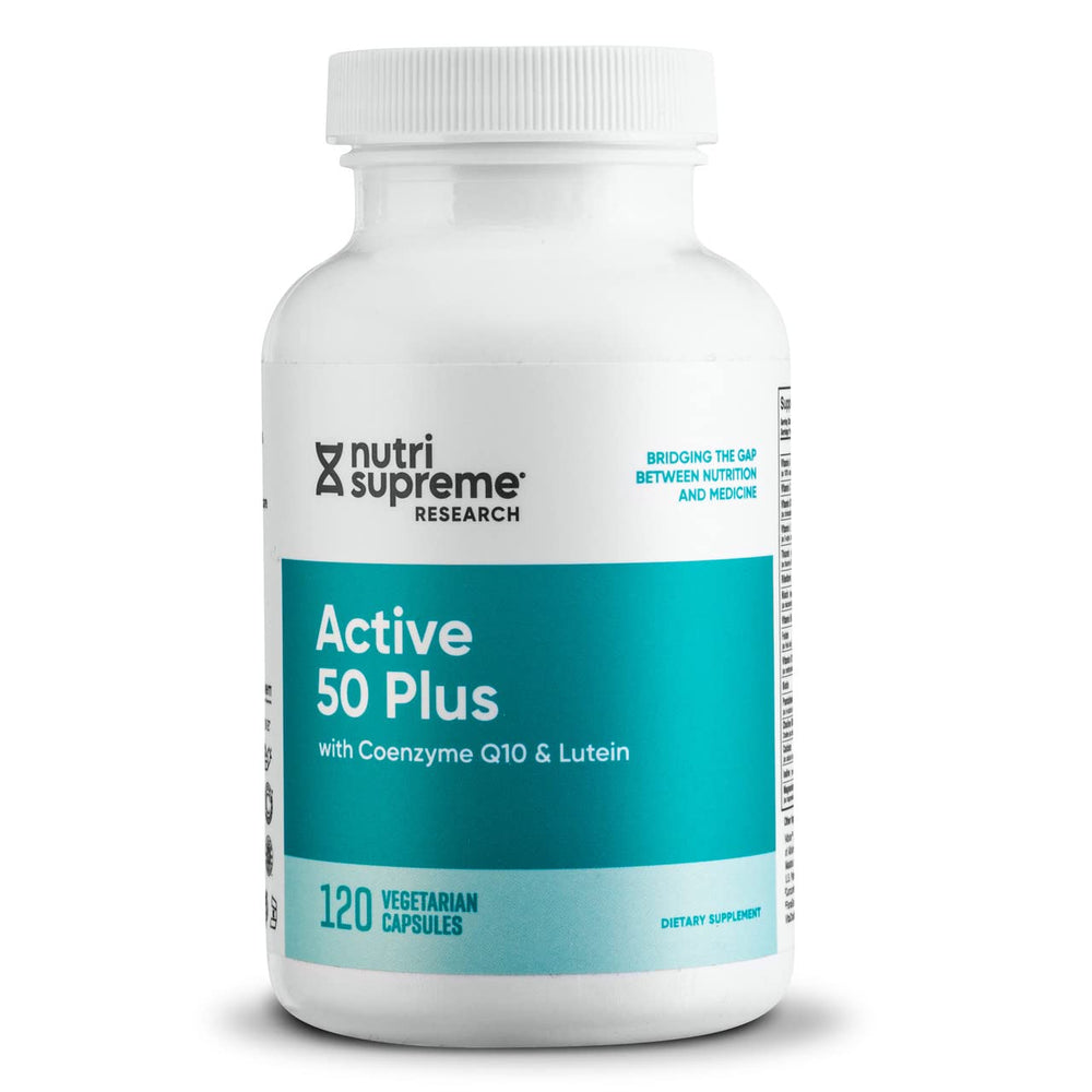 Nutri-Supreme Active 50 Plus bottle promoting daily vitality with a balanced multivitamin blend.