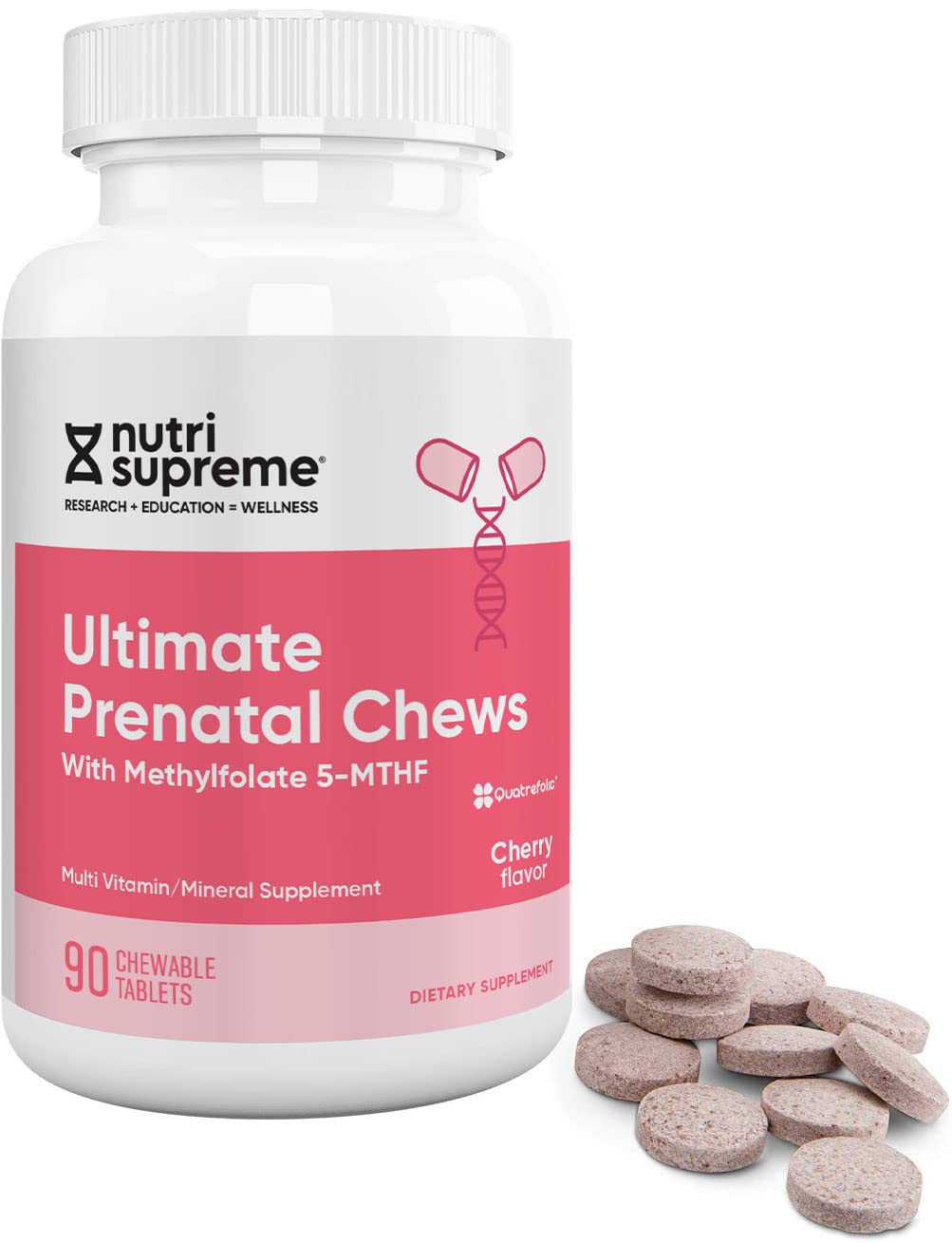 Nutri Supreme Prenatal chew bottle front shows convenient daily prenatal support.