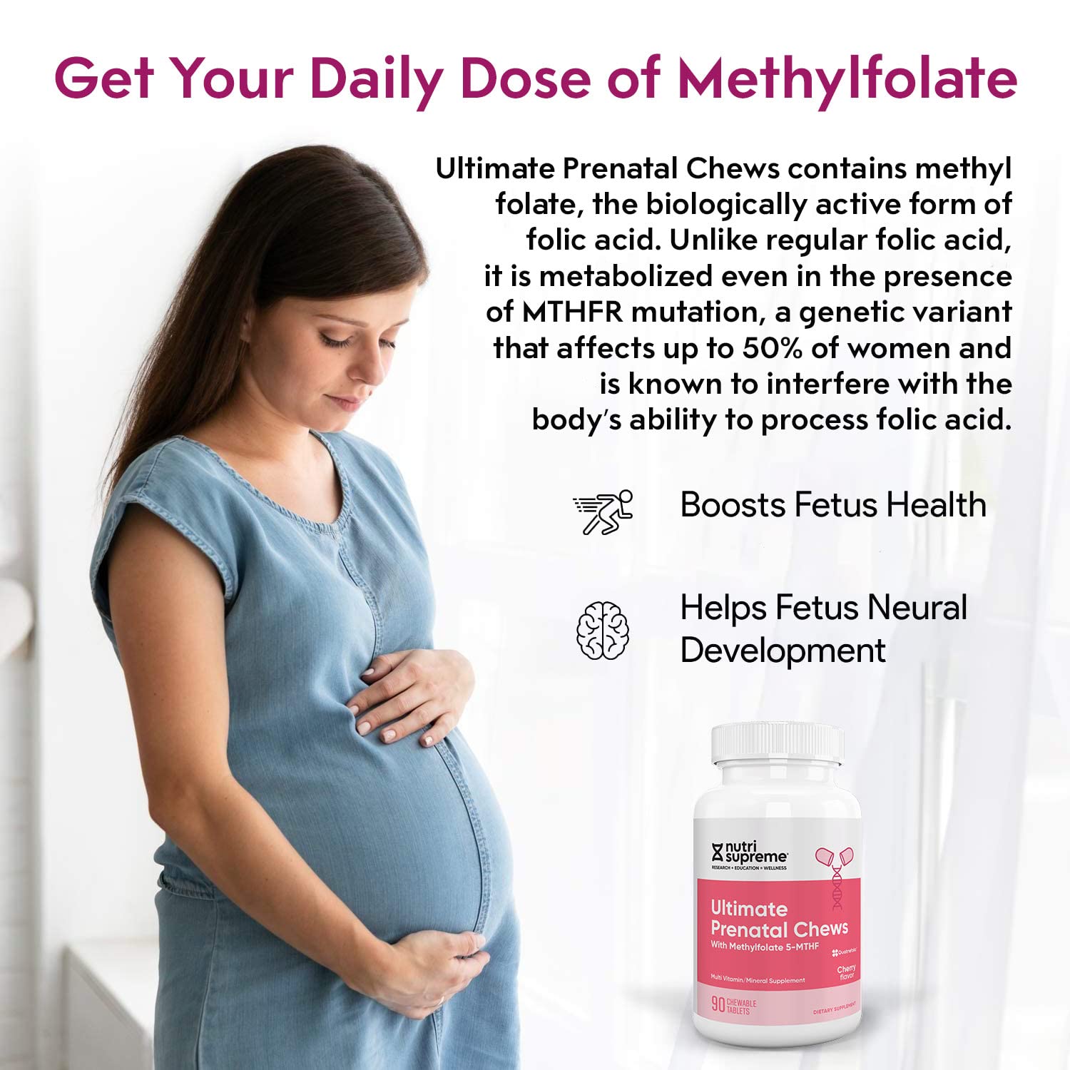 Nutri Supreme Prenatal methyl folate label emphasizes high-absorption folate benefits.