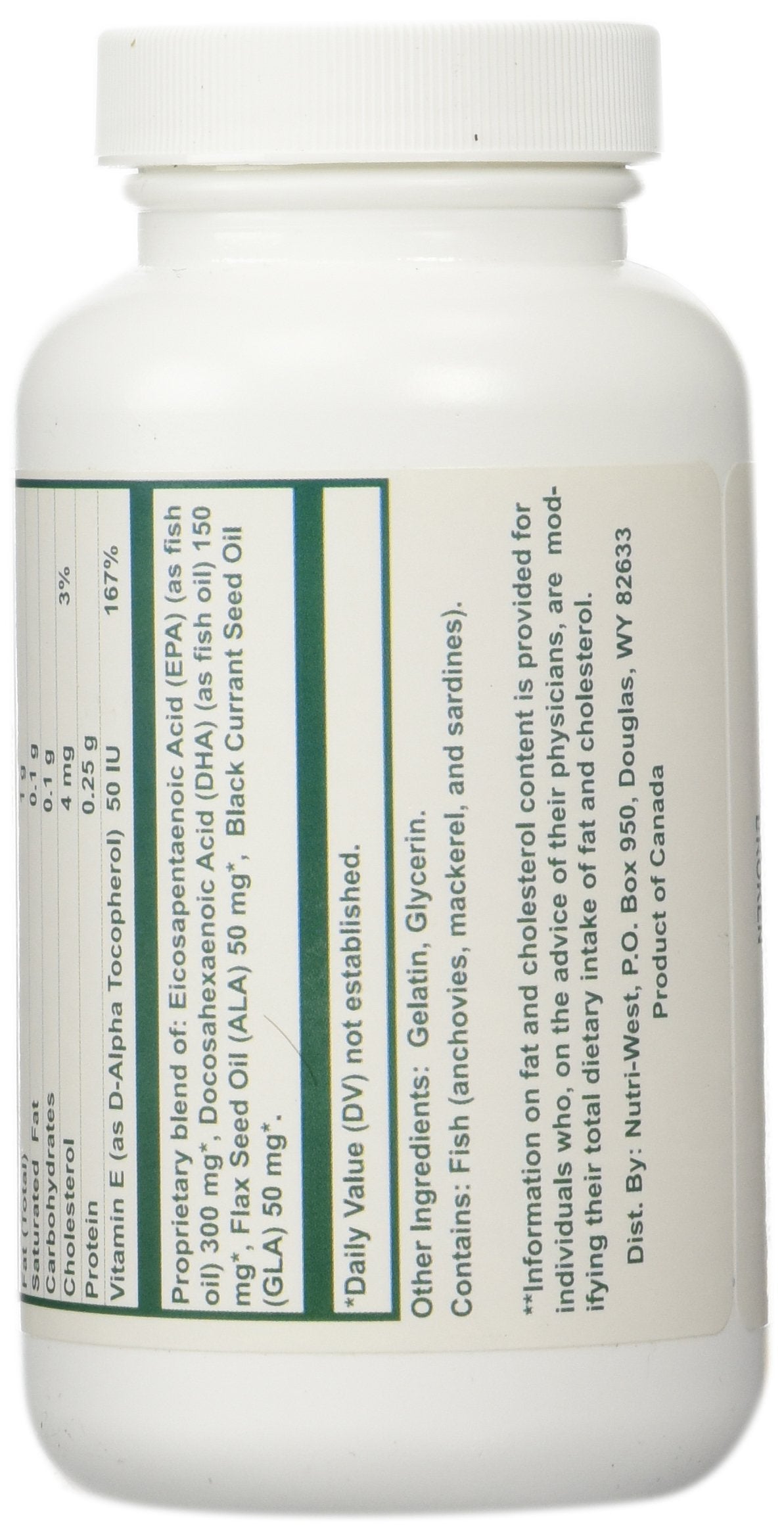 Nutri-West Complete Omega-3 Essentials ingredients card featuring EPA, DHA, ALA and GLA for balanced oil profile