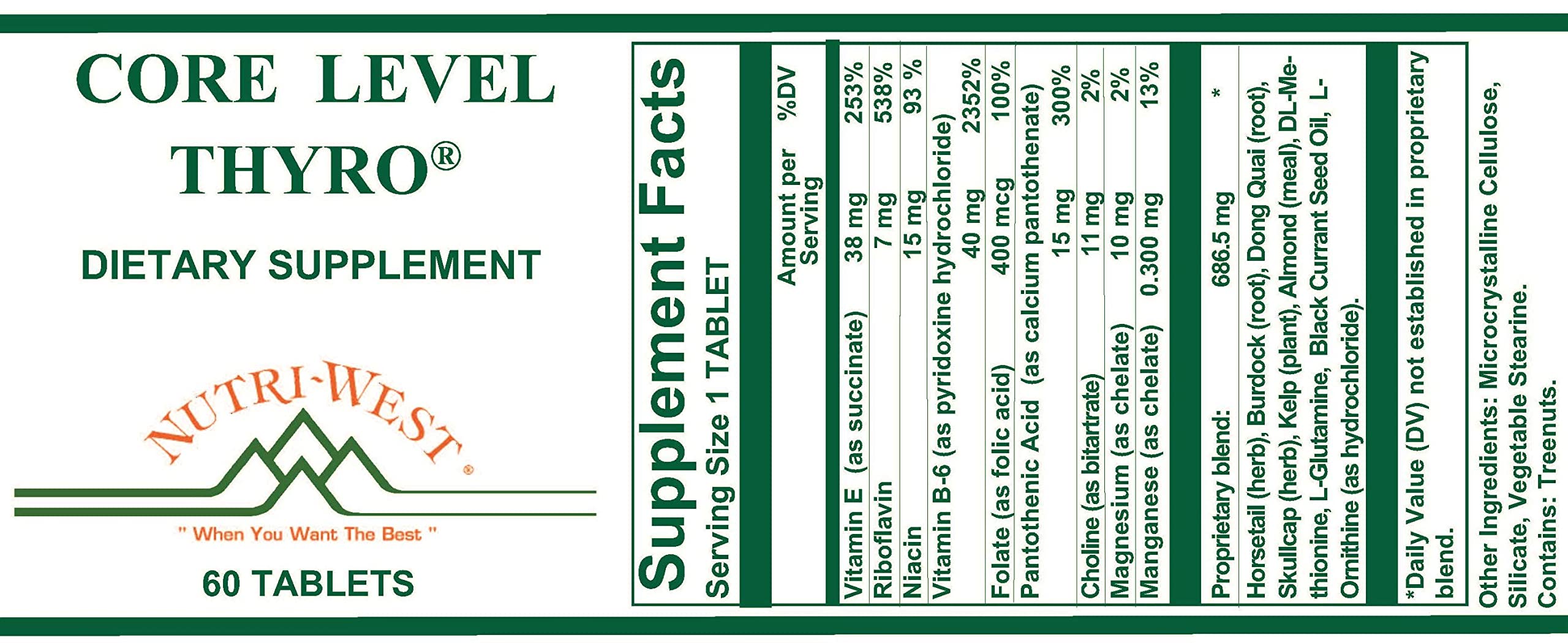 Nutri-West Core Level Thyro label close-up highlighting herbal extracts and iodine source.