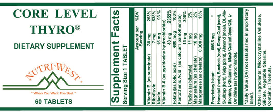 Nutri-West Core Level Thyro label close-up highlighting herbal extracts and iodine source.