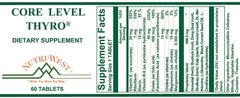 Nutri-West Core Level Thyro label close-up highlighting herbal extracts and iodine source.