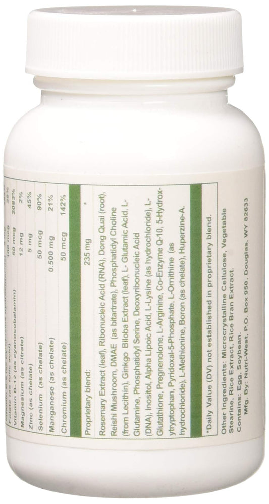 Close-up of the Nutri-West Total Brain 90 label with clear branding and details.