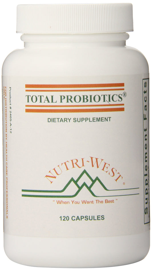nutri-west Total Probiotics bottle front view emphasizing container and branding for daily gut support