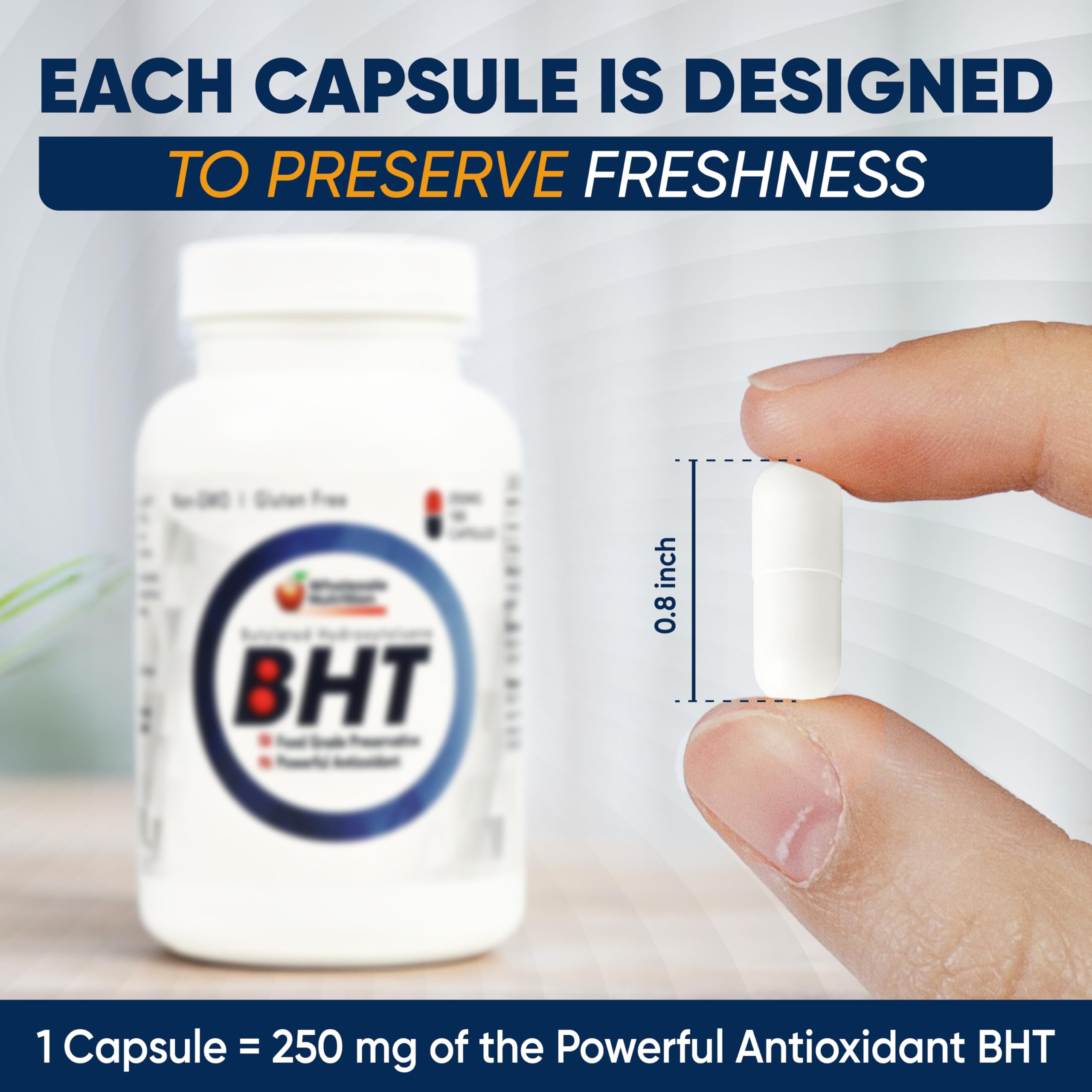 Wholesale Nutrition BHT capsule packaging emphasizes easy storage and longevity.